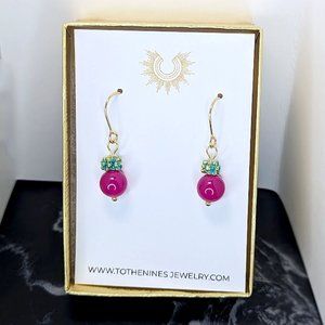 Handmade Fuchsia Magenta Quartz Bead Hypoallergenic Gemstone Drop Earrings